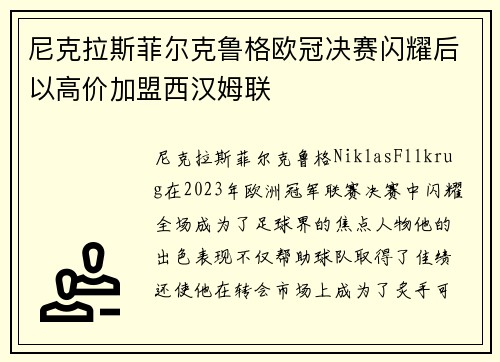 尼克拉斯菲尔克鲁格欧冠决赛闪耀后以高价加盟西汉姆联
