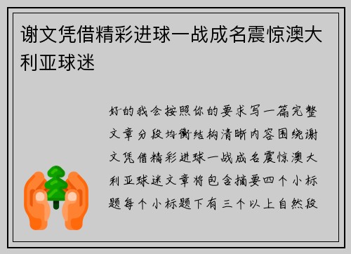 谢文凭借精彩进球一战成名震惊澳大利亚球迷 谢文凭借精彩进球一战成名震惊澳大利亚球迷